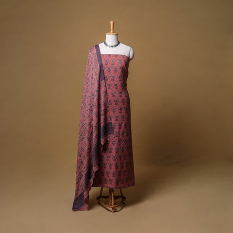 Woolen Ajrakh Hand Block Print Unstitched Dress Material: Kurta, Bottom with Dupatta 13