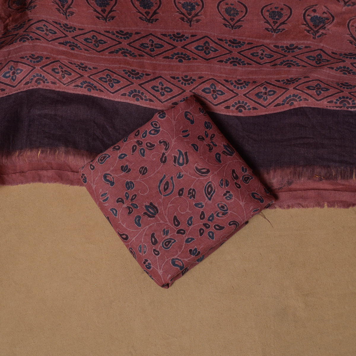 Woolen Ajrakh Hand Block Print Unstitched Dress Material: Kurta, Bottom with Dupatta 13