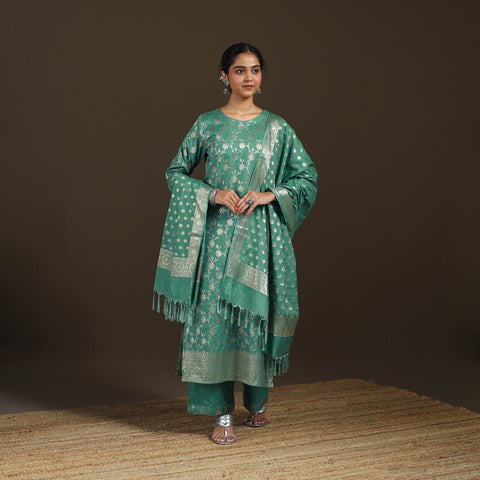 Green - Banarasi Brocade Katan Silk Suit Set with Dupatta for Women 13