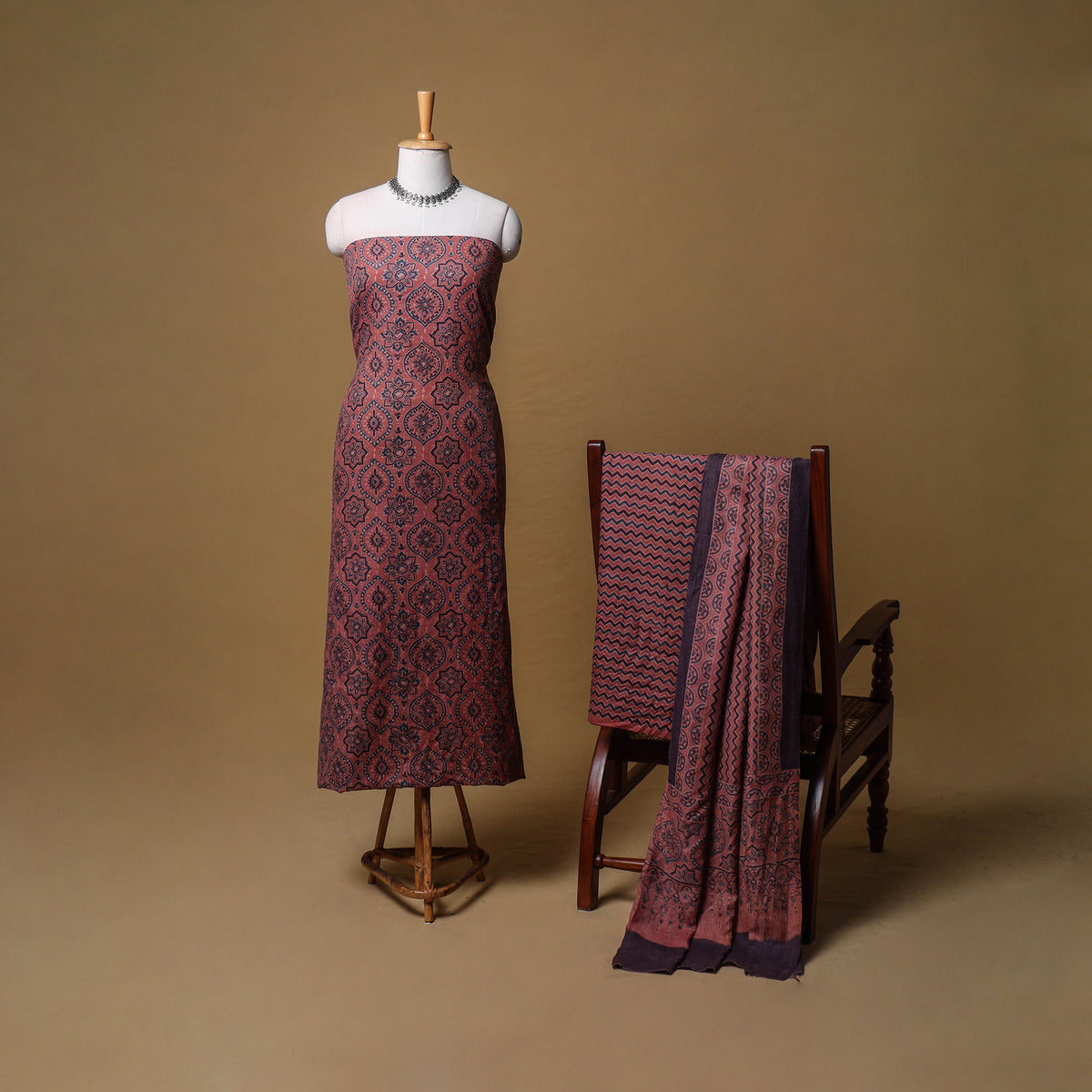 Woolen Ajrakh Hand Block Print Unstitched Dress Material: Kurta, Bottom with Dupatta 14
