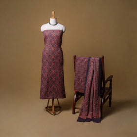 Woolen Ajrakh Hand Block Print Unstitched Dress Material: Kurta, Bottom with Dupatta 14