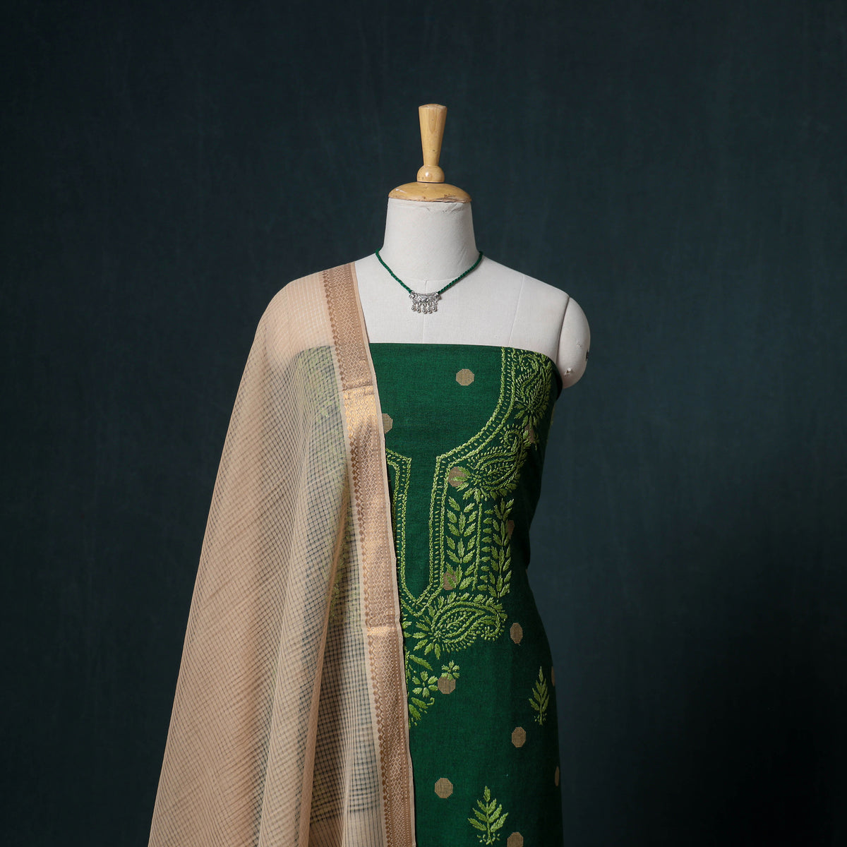 Lucknowi Chikankari Hand Work Unstitched Dress Material: Kurta & Dupatta with Jewellery 34