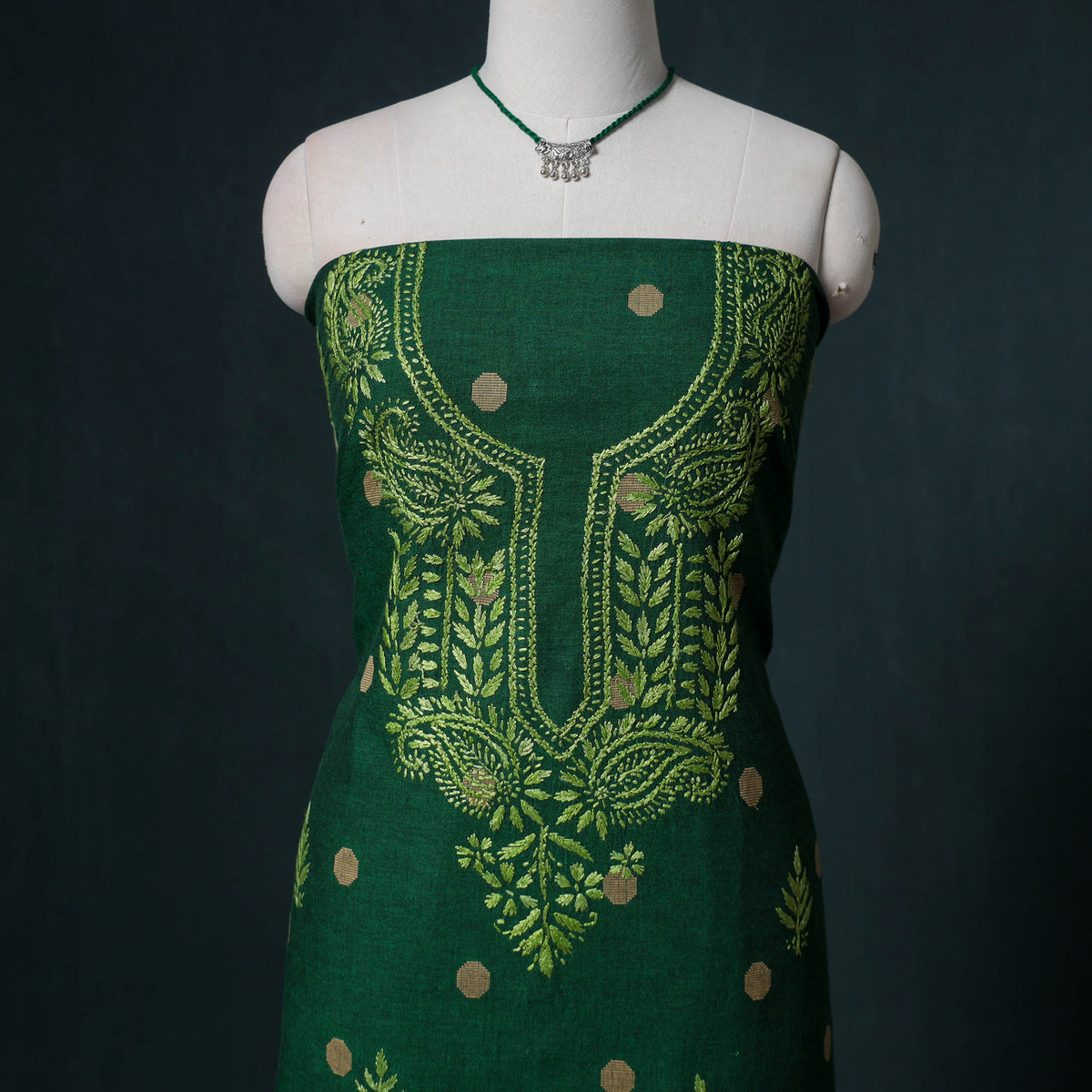 Lucknowi Chikankari Hand Work Unstitched Dress Material: Kurta & Dupatta with Jewellery 34