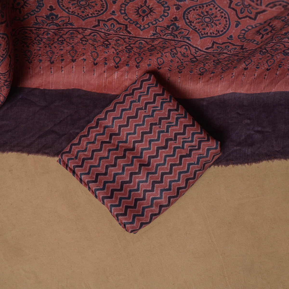 Woolen Ajrakh Hand Block Print Unstitched Dress Material: Kurta, Bottom with Dupatta 14