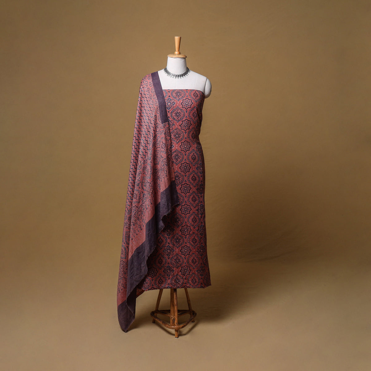 Woolen Ajrakh Hand Block Print Unstitched Dress Material: Kurta, Bottom with Dupatta 14