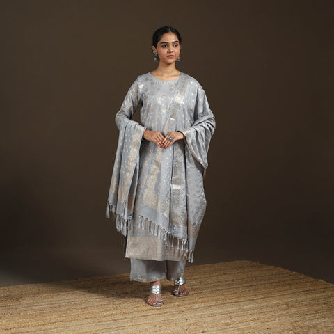 Grey - Banarasi Brocade Katan Silk Suit Set with Dupatta for Women 02