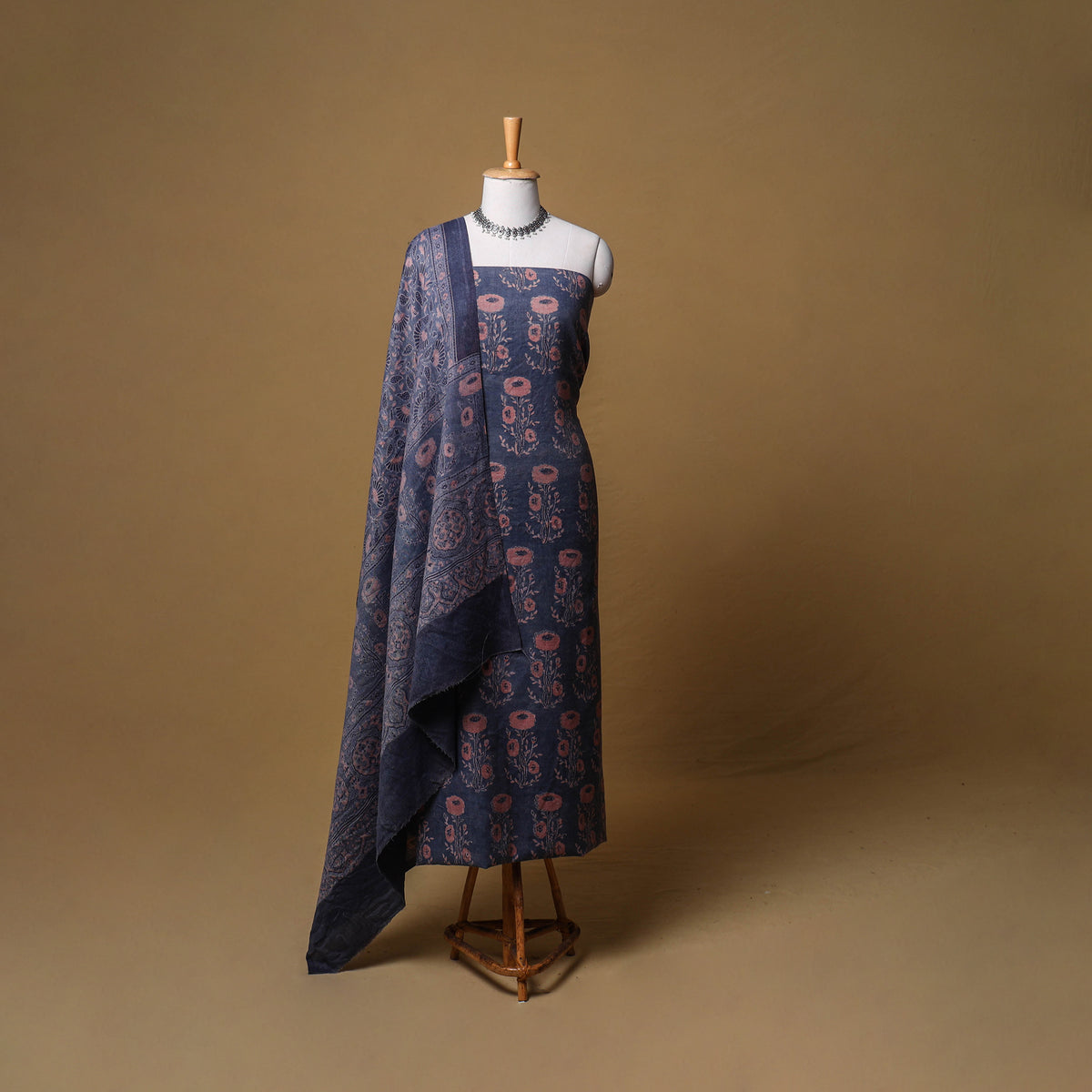 Woolen Ajrakh Hand Block Print Unstitched Dress Material: Kurta, Bottom with Dupatta 15