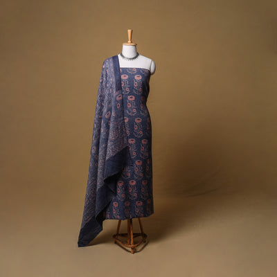 Woolen Ajrakh Hand Block Print Unstitched Dress Material: Kurta, Bottom with Dupatta 15