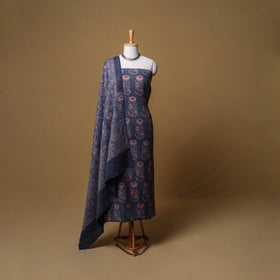 Woolen Ajrakh Hand Block Print Unstitched Dress Material: Kurta, Bottom with Dupatta 15