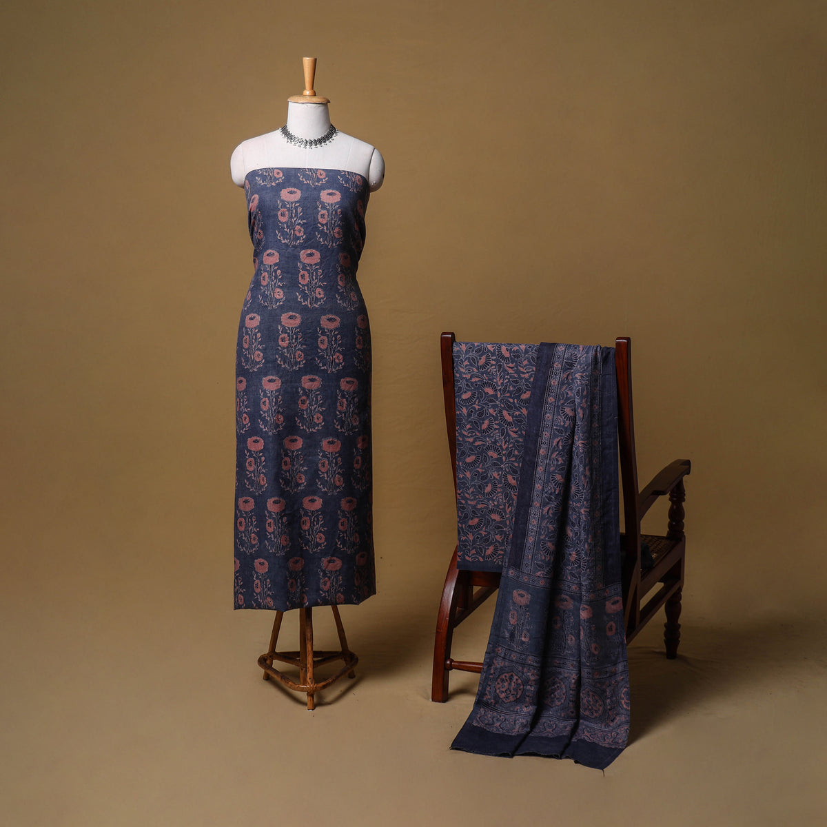 Woolen Ajrakh Hand Block Print Unstitched Dress Material: Kurta, Bottom with Dupatta 15