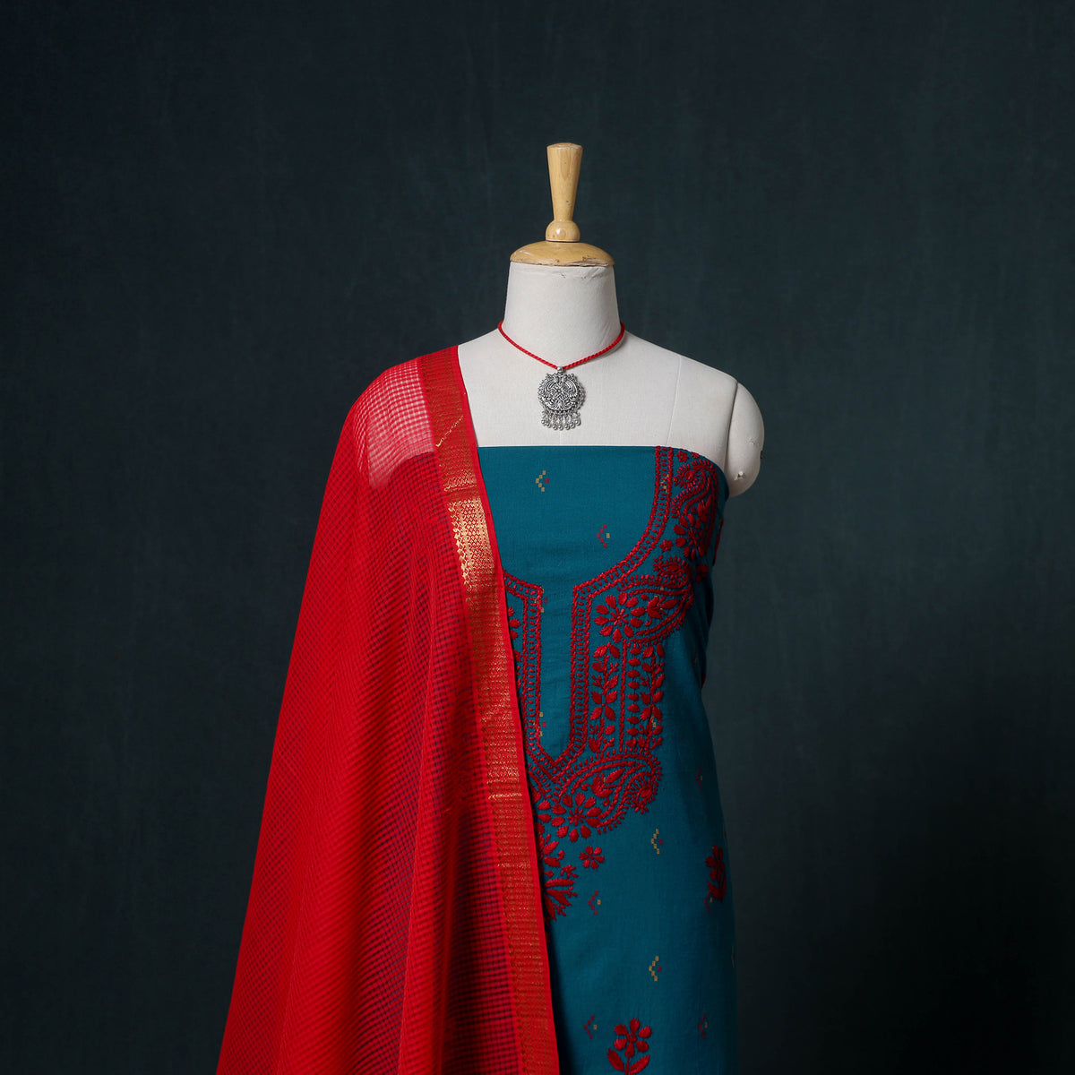 Lucknowi Chikankari Hand Work Unstitched Dress Material: Kurta & Dupatta with Jewellery 35
