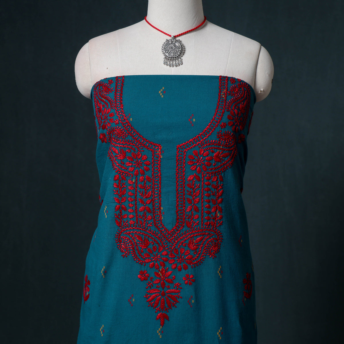 Lucknowi Chikankari Hand Work Unstitched Dress Material: Kurta & Dupatta with Jewellery 35