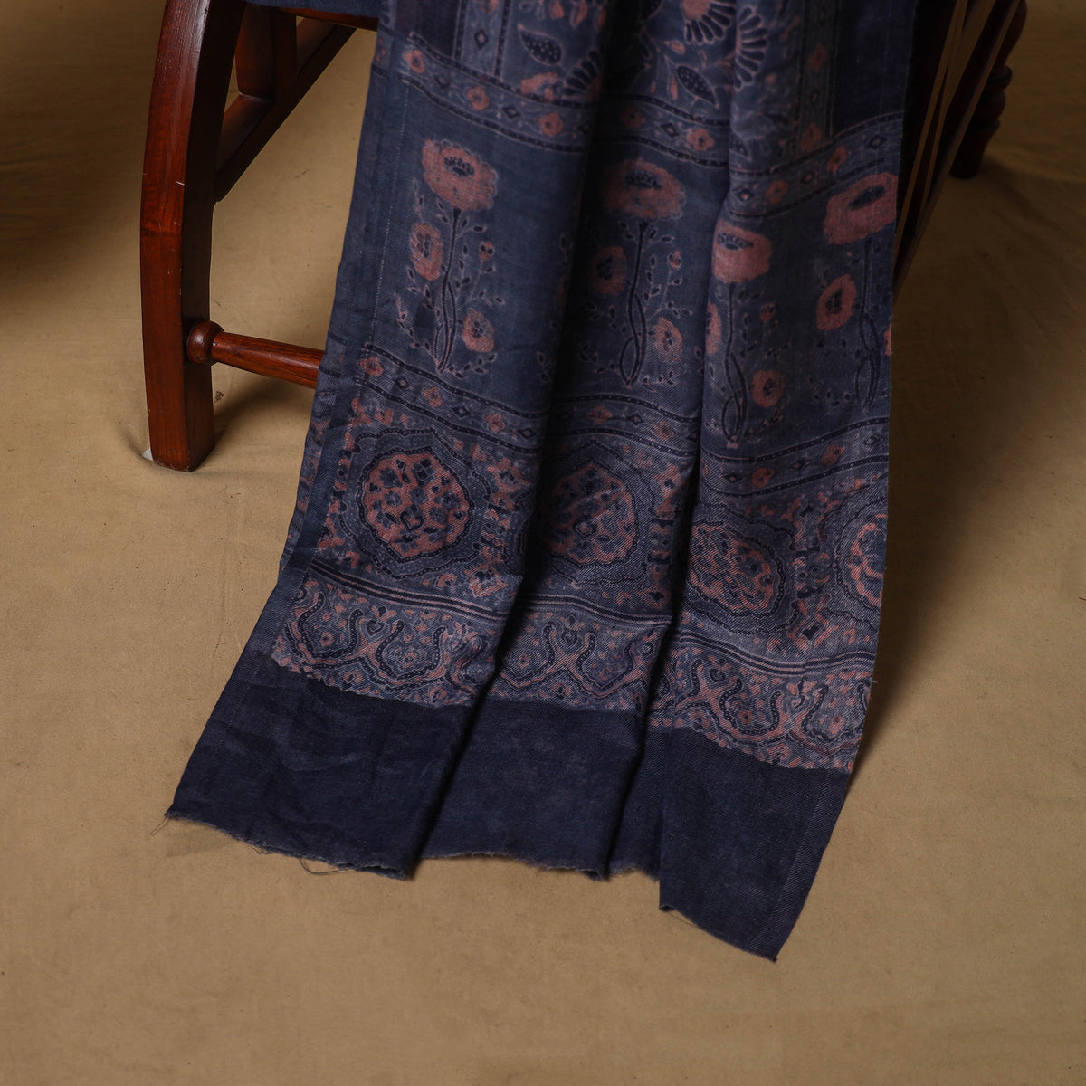 Woolen Ajrakh Hand Block Print Unstitched Dress Material: Kurta, Bottom with Dupatta 15