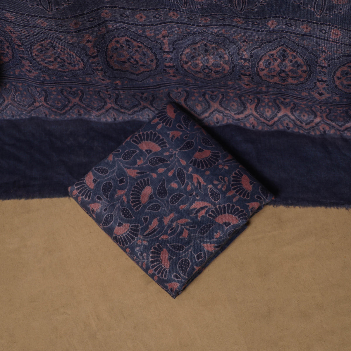 Woolen Ajrakh Hand Block Print Unstitched Dress Material: Kurta, Bottom with Dupatta 15