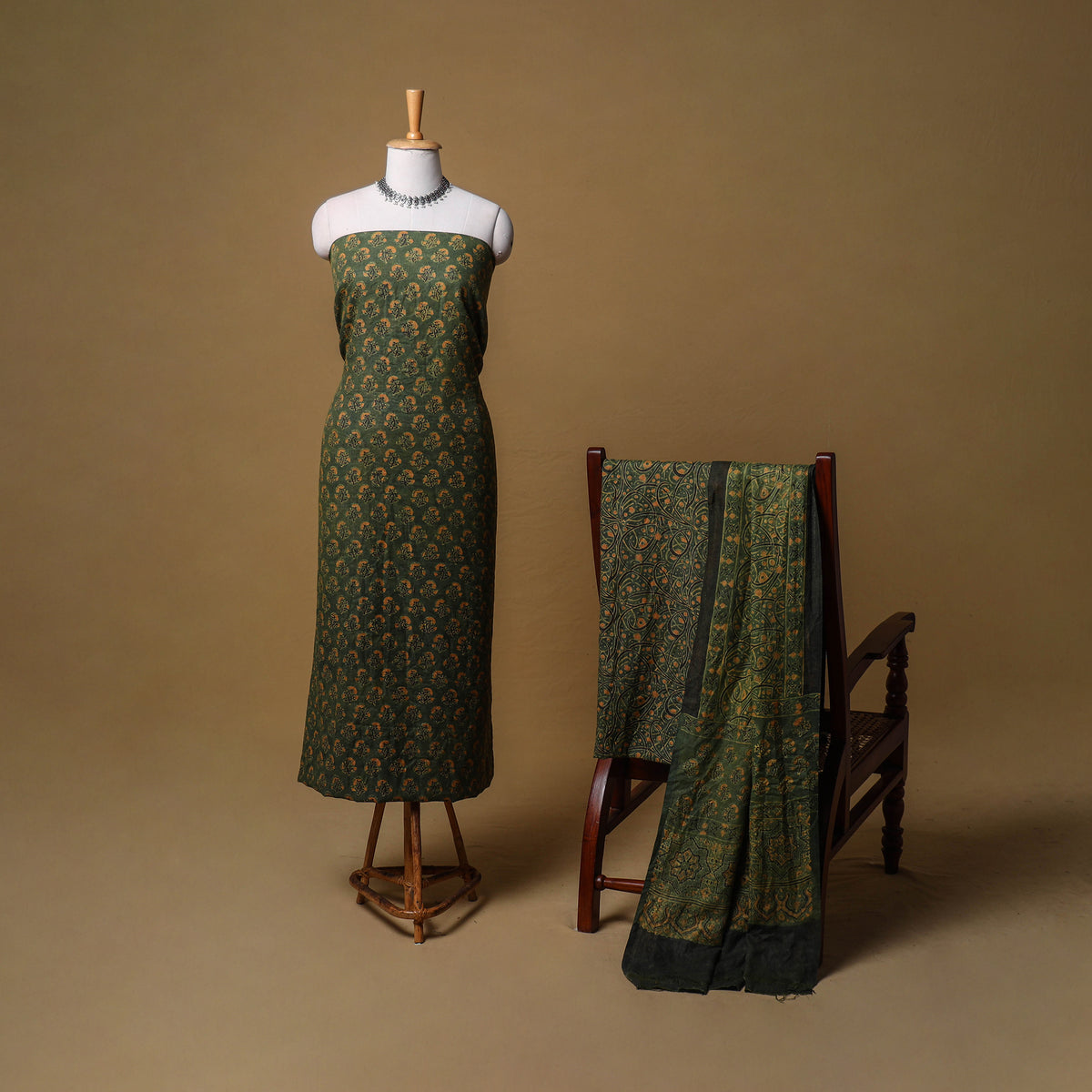 Woolen Ajrakh Hand Block Print Unstitched Dress Material: Kurta, Bottom with Dupatta 16