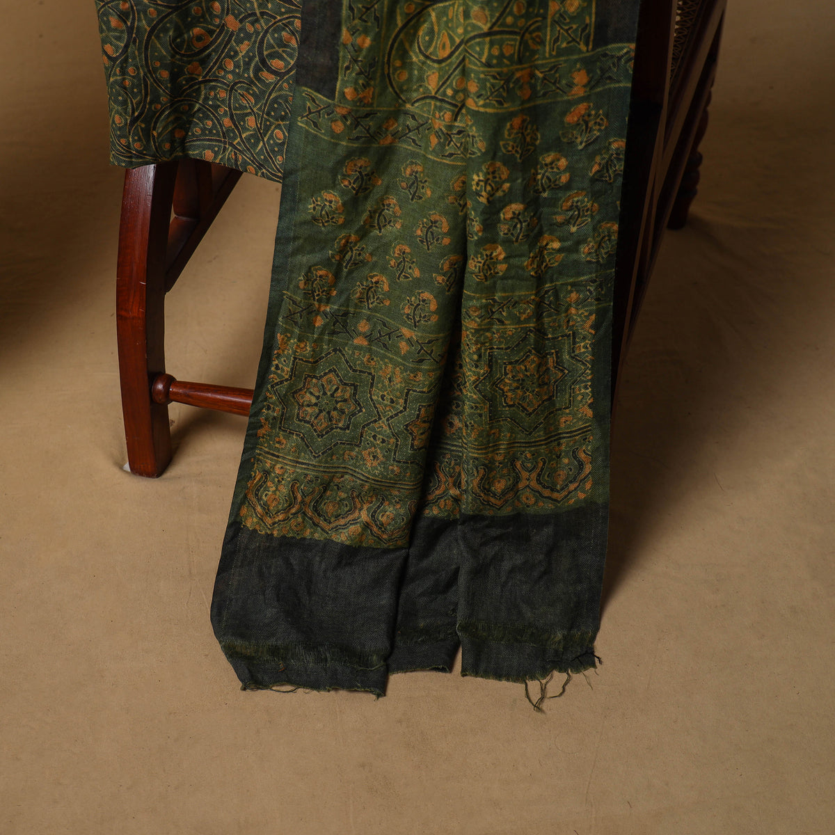 Woolen Ajrakh Hand Block Print Unstitched Dress Material: Kurta, Bottom with Dupatta 16