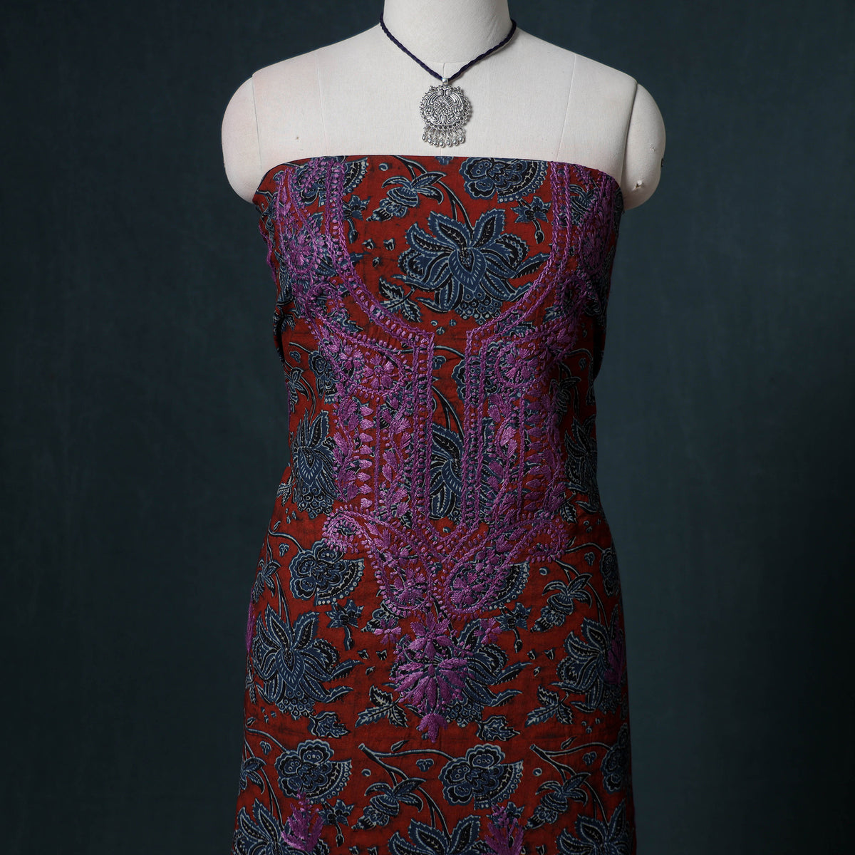 Lucknowi Chikankari Hand Work Unstitched Dress Material: Kurta & Dupatta with Jewellery 36