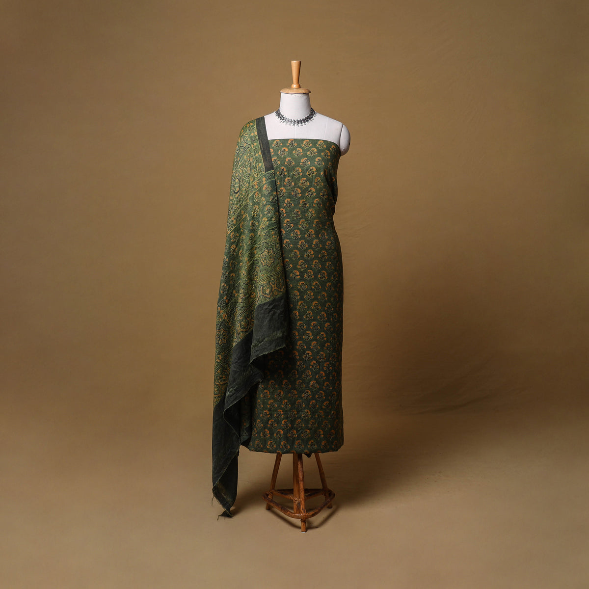 Woolen Ajrakh Hand Block Print Unstitched Dress Material: Kurta, Bottom with Dupatta 16