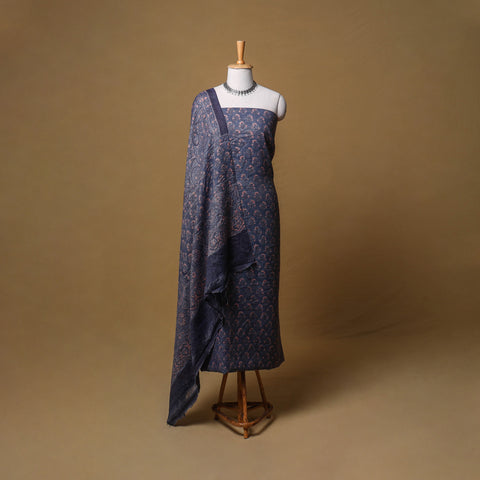 Woolen Ajrakh Hand Block Print Unstitched Dress Material: Kurta, Bottom with Dupatta 17
