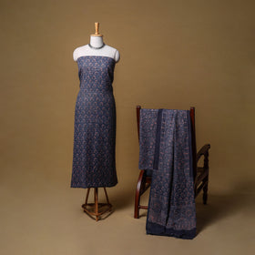 Woolen Ajrakh Hand Block Print Unstitched Dress Material: Kurta, Bottom with Dupatta 17