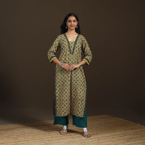 Yellow - Ajrakh Hand Block Print Natural Dyed Cotton Straight Long Kurta for women 28