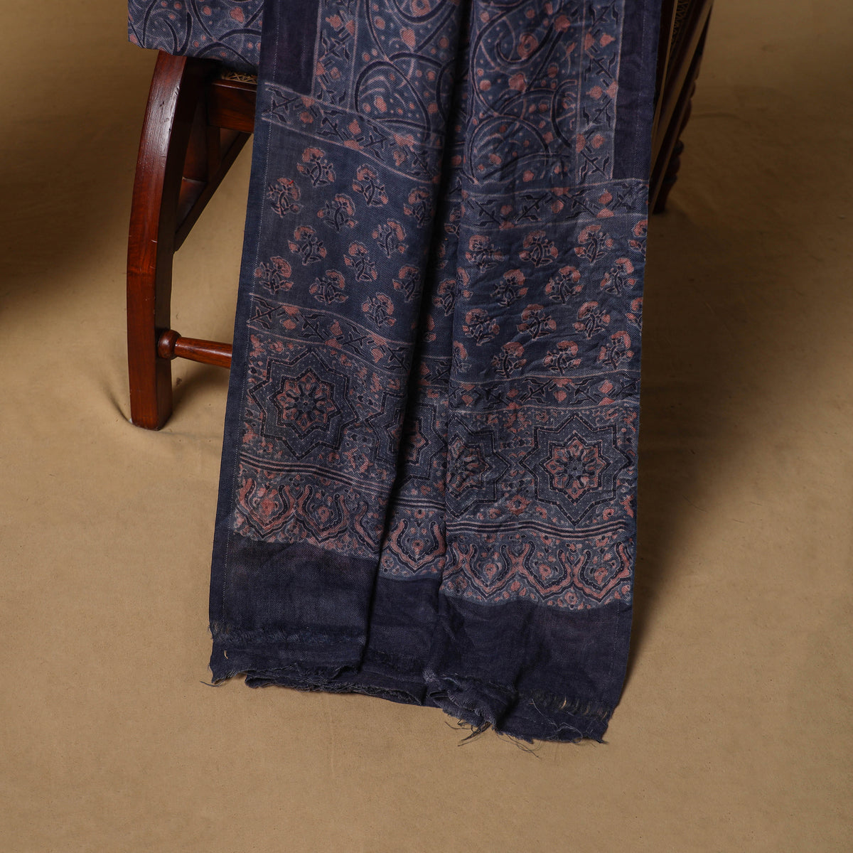 Woolen Ajrakh Hand Block Print Unstitched Dress Material: Kurta, Bottom with Dupatta 17