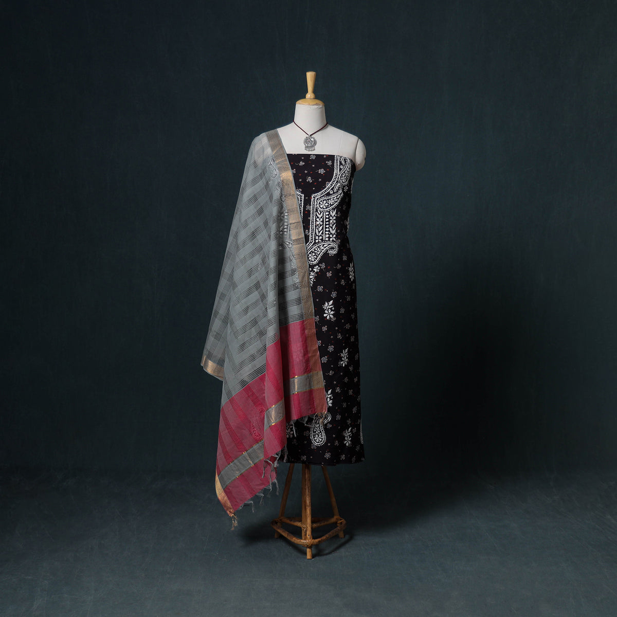 Lucknowi Chikankari Hand Work Unstitched Dress Material: Kurta & Dupatta with Jewellery 37