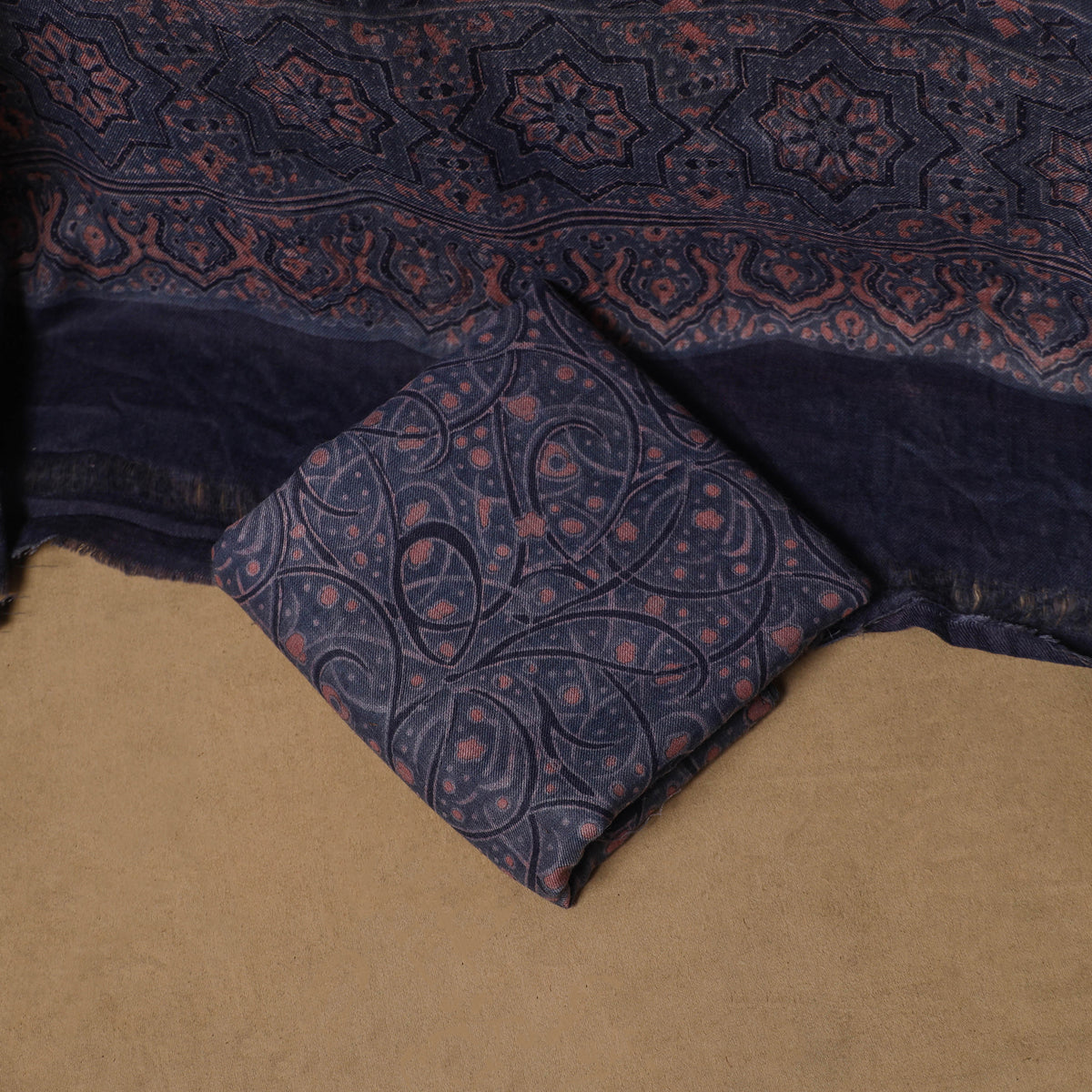 Woolen Ajrakh Hand Block Print Unstitched Dress Material: Kurta, Bottom with Dupatta 17
