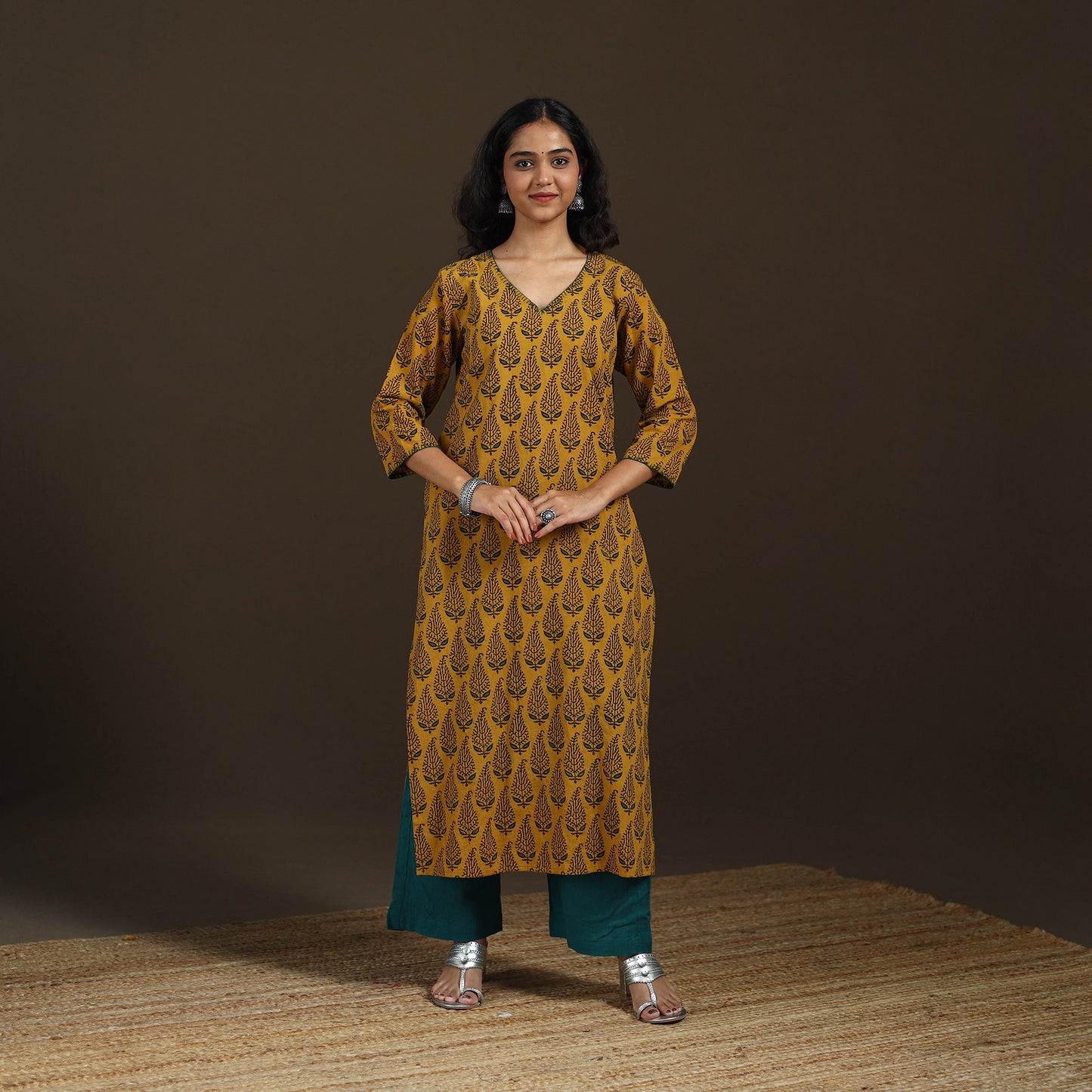Ajrakh Hand Block Print Natural Dyed Cotton Thread Work Straight Long Kurta for women 09