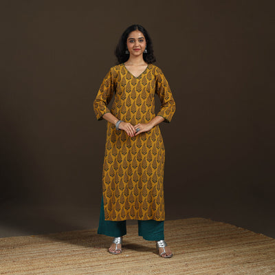 Ajrakh Hand Block Print Natural Dyed Cotton Thread Work Straight Long Kurta for women 09