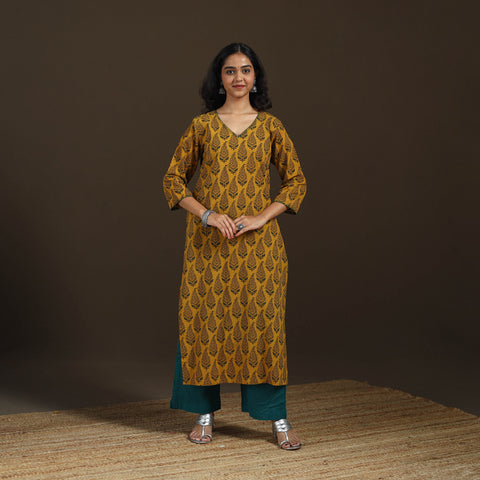 Yellow - Ajrakh Hand Block Print Natural Dyed Cotton Thread Work Straight Long Kurta for women 09