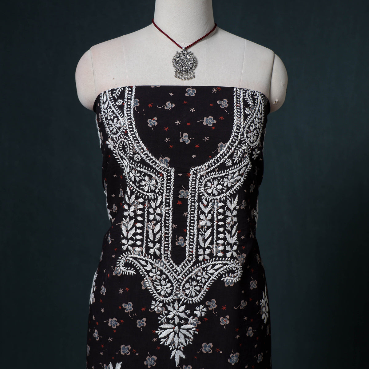 Lucknowi Chikankari Hand Work Unstitched Dress Material: Kurta & Dupatta with Jewellery 37