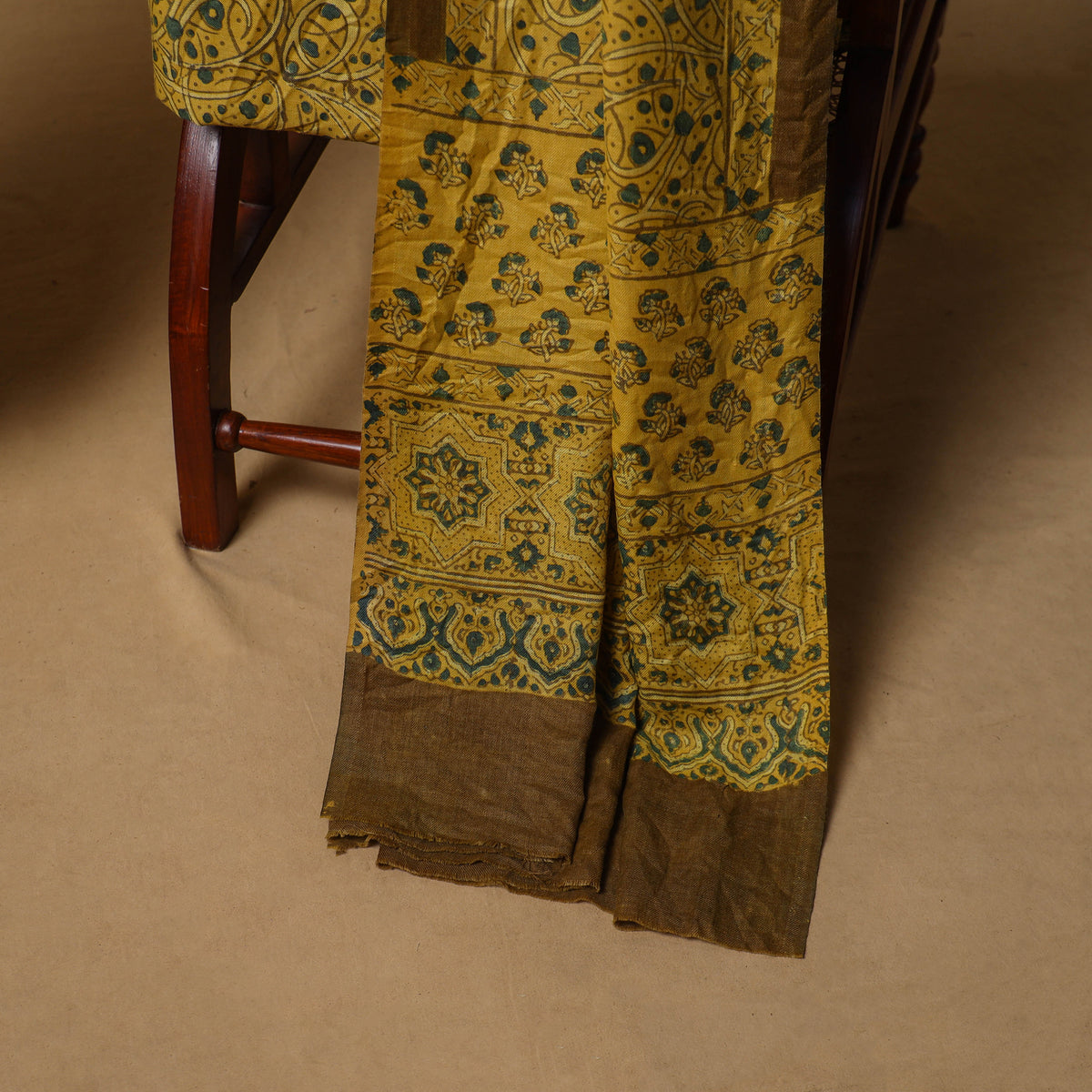 Woolen Ajrakh Hand Block Print Unstitched Dress Material: Kurta, Bottom with Dupatta 18