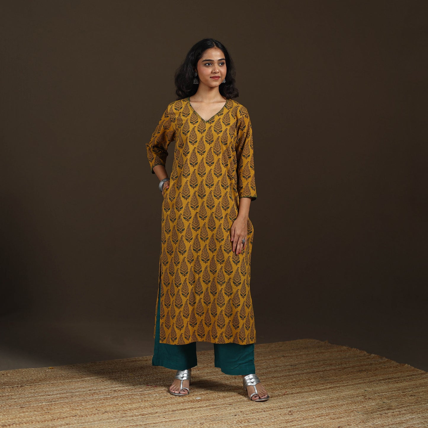 Ajrakh Hand Block Print Natural Dyed Cotton Thread Work Straight Long Kurta for women 09