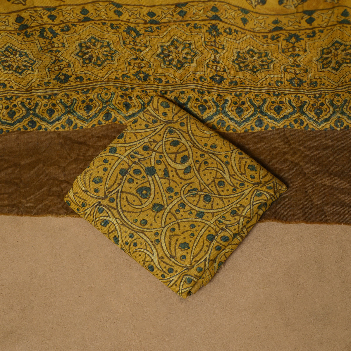 Woolen Ajrakh Hand Block Print Unstitched Dress Material: Kurta, Bottom with Dupatta 18