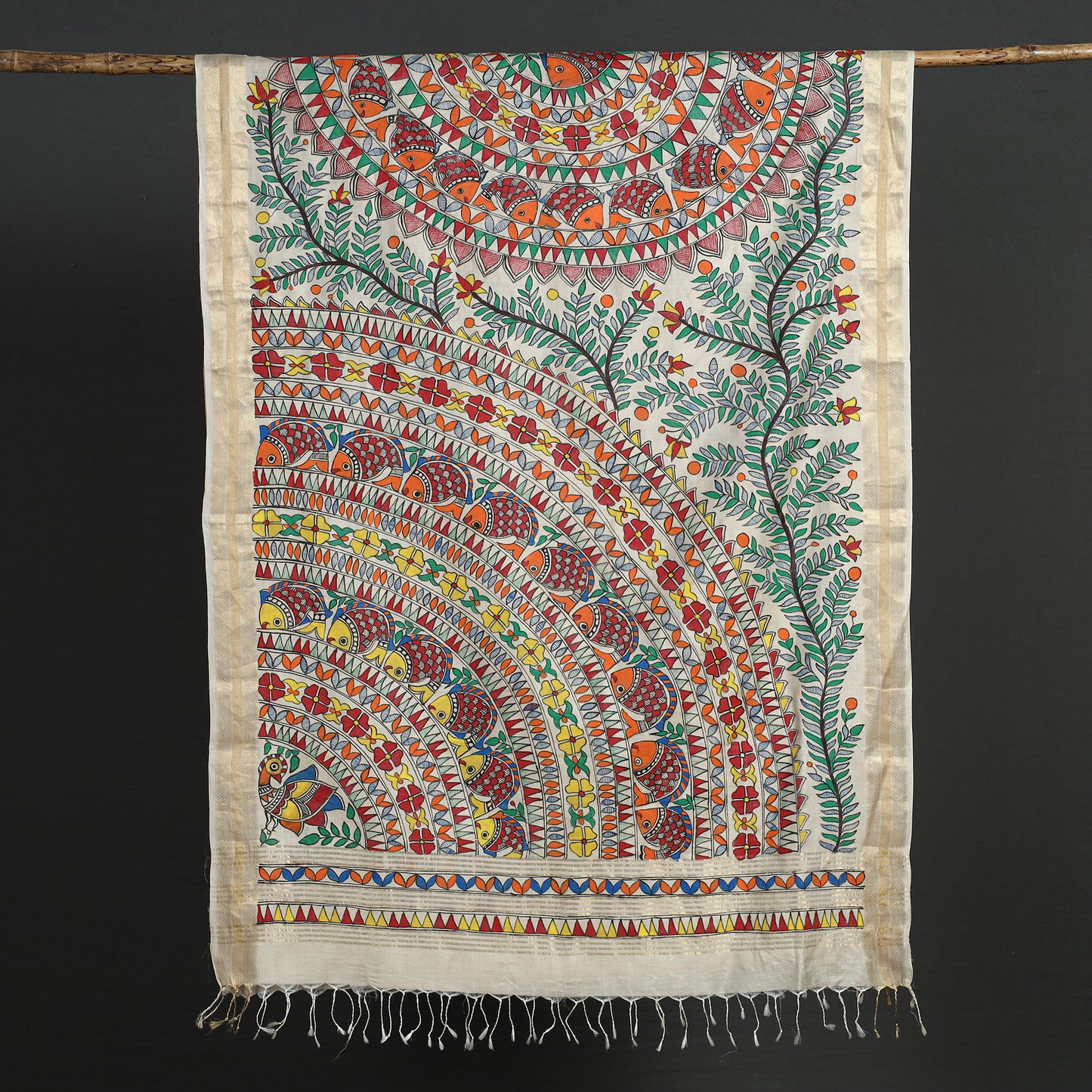 Multicolor - Madhubani Handpainted Tussar Cotton Handloom Zari Border Dupatta with Tassels