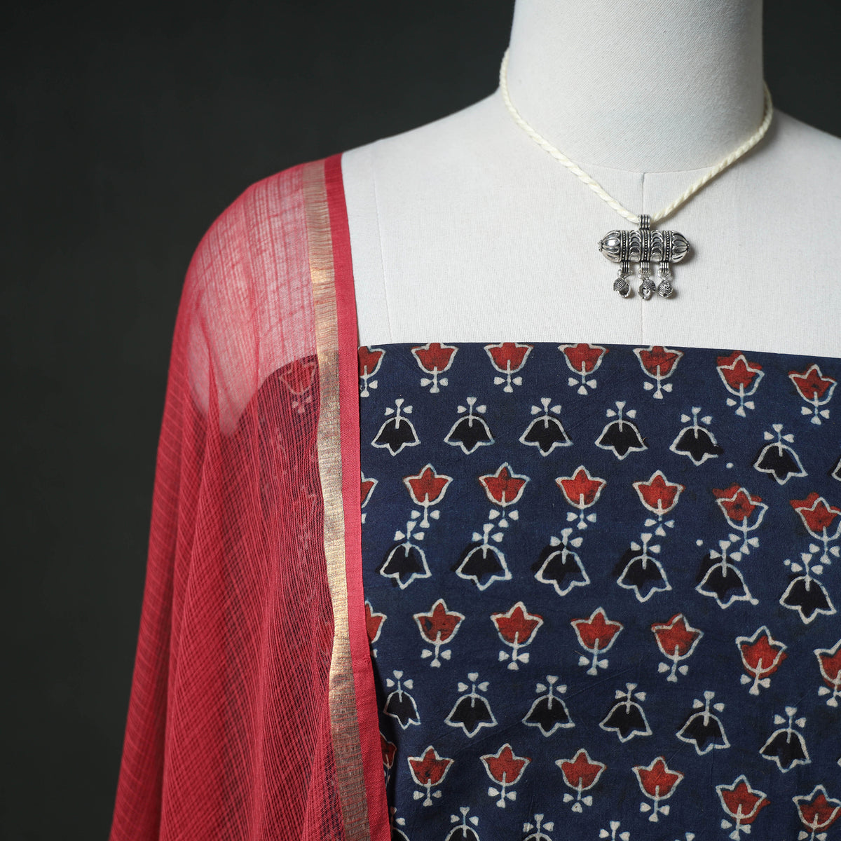 Ajrakh Block Print Natural Dyed Cotton Unstitched Dress Material: Kurta & Dupatta with Jewellery 01