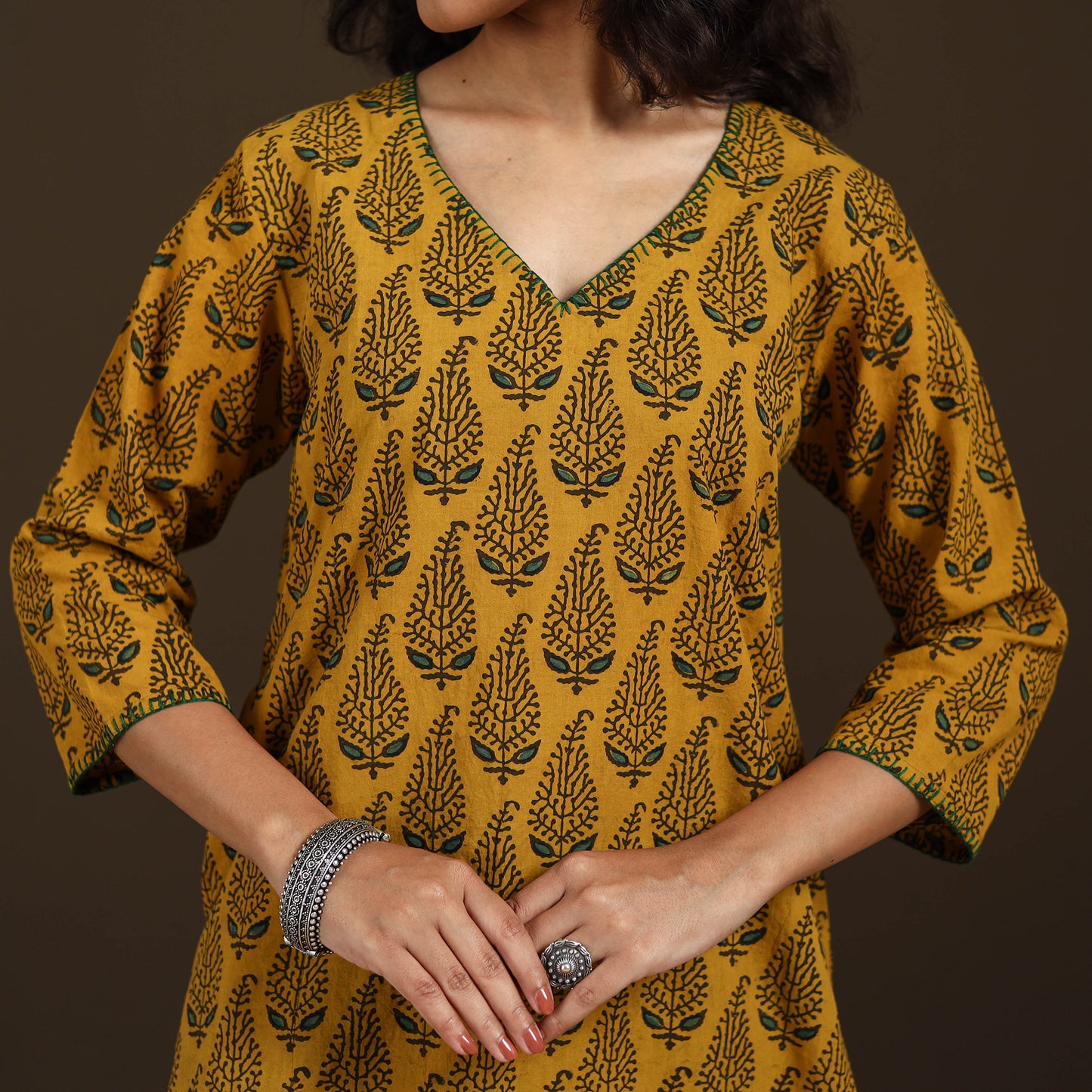 Ajrakh Hand Block Print Natural Dyed Cotton Thread Work Straight Long Kurta for women 09