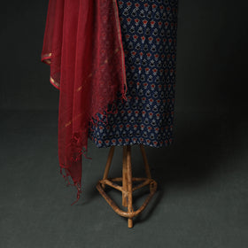 Ajrakh Block Print Natural Dyed Cotton Unstitched Dress Material: Kurta & Dupatta with Jewellery 01