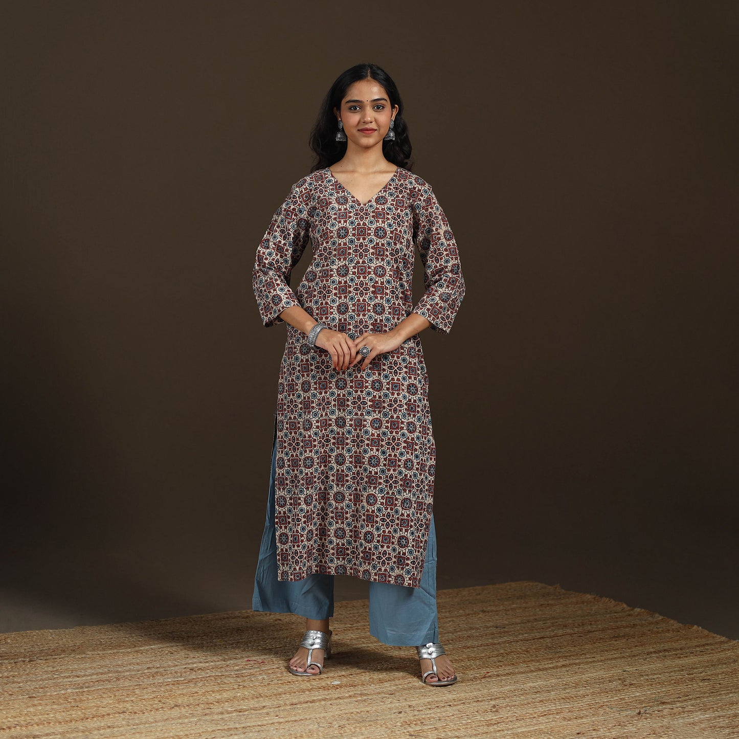 Ajrakh Hand Block Print Natural Dyed Cotton Straight Long Kurta for women 20