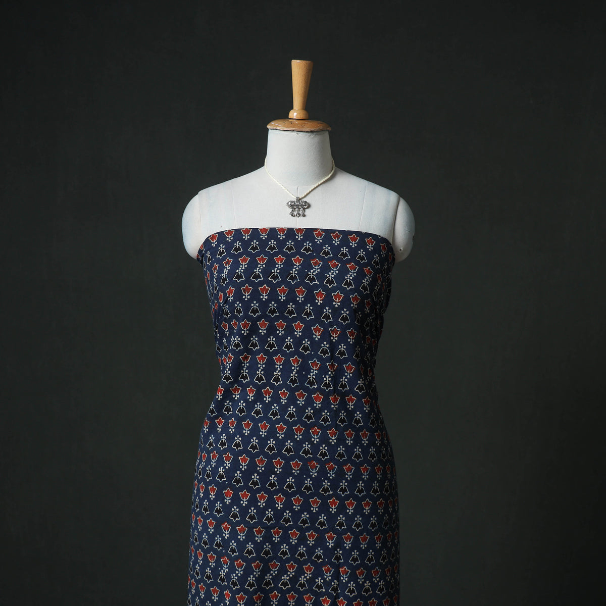 Ajrakh Block Print Natural Dyed Cotton Unstitched Dress Material: Kurta & Dupatta with Jewellery 01