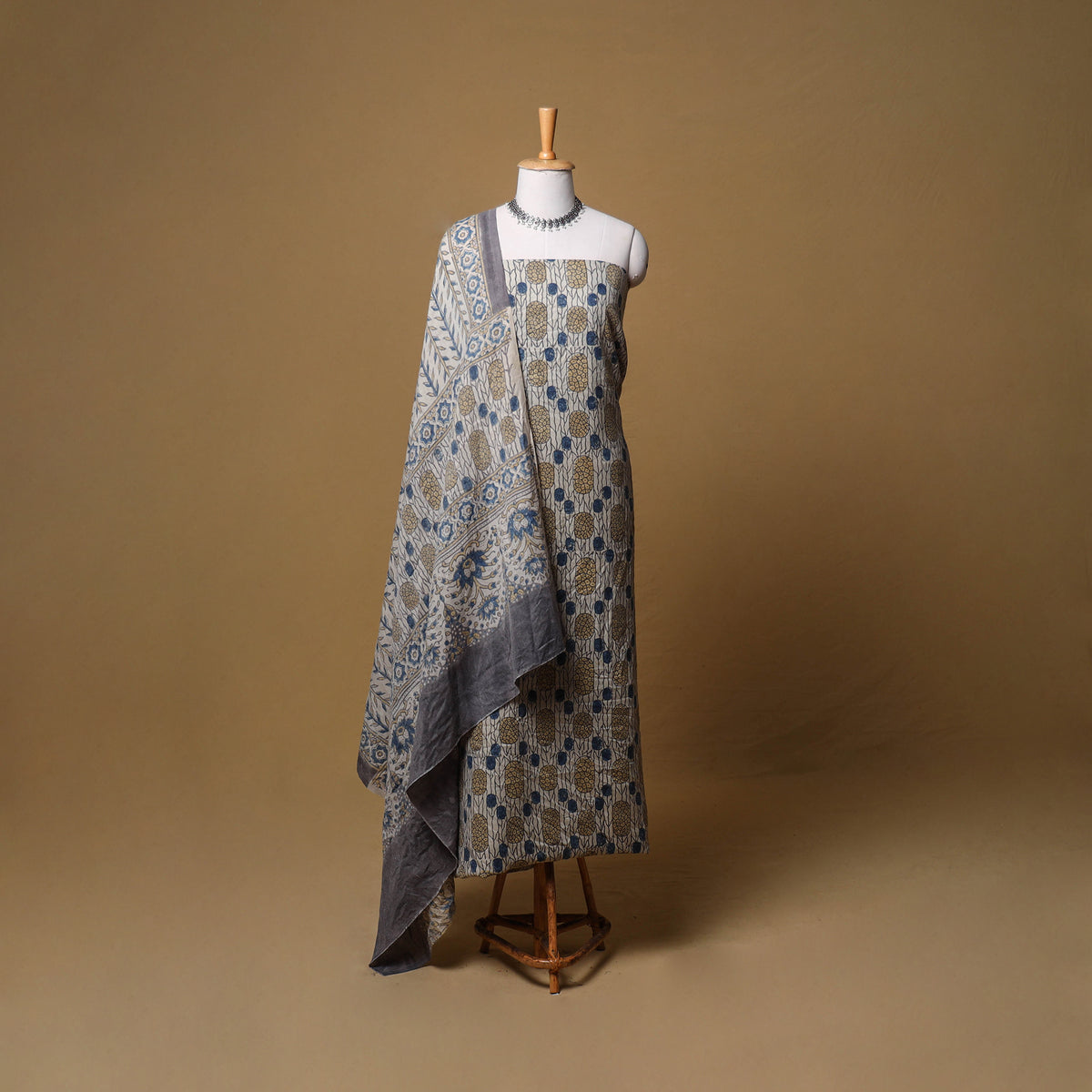 Beige - Woolen Ajrakh Hand Block Print Unstitched Dress Material: Kurta, Bottom with Dupatta 19