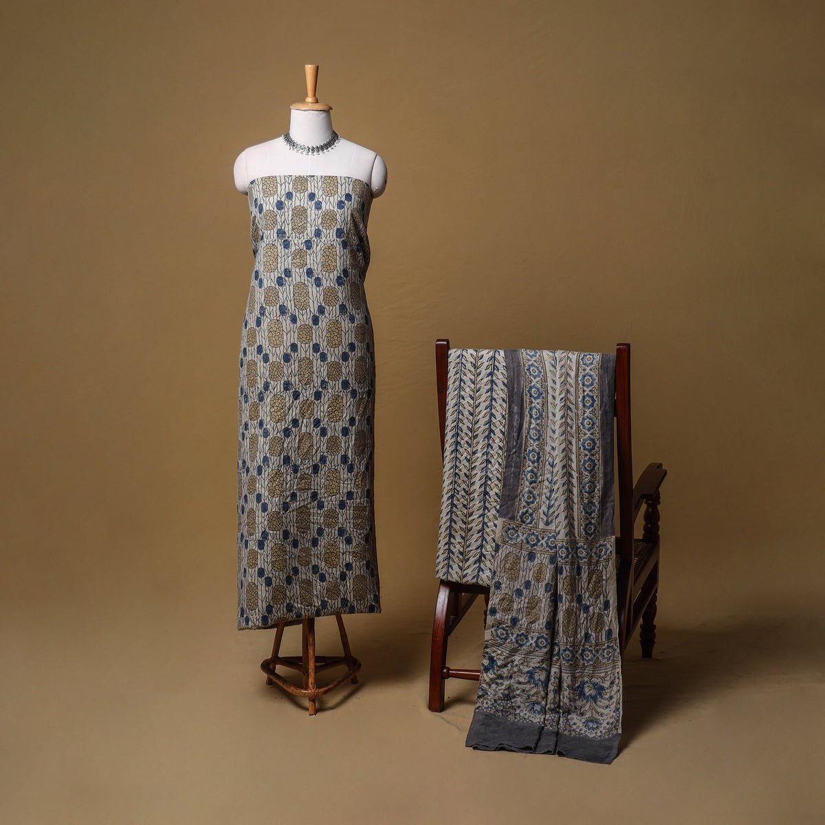 Beige - Woolen Ajrakh Hand Block Print Unstitched Dress Material: Kurta, Bottom with Dupatta 19