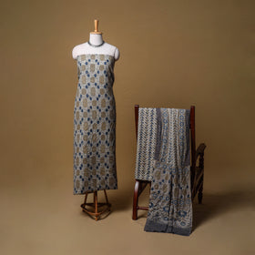 Beige - Woolen Ajrakh Hand Block Print Unstitched Dress Material: Kurta, Bottom with Dupatta 19