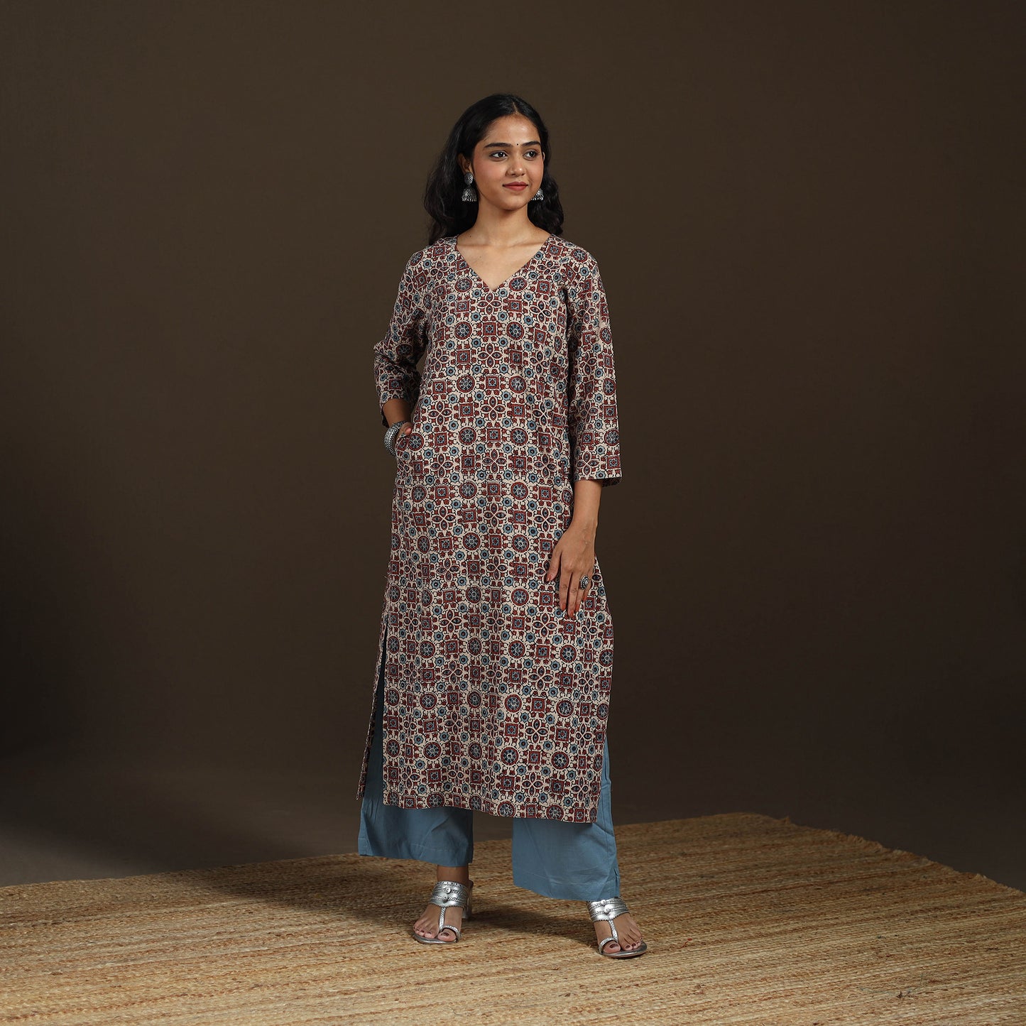 Ajrakh Hand Block Print Natural Dyed Cotton Straight Long Kurta for women 20