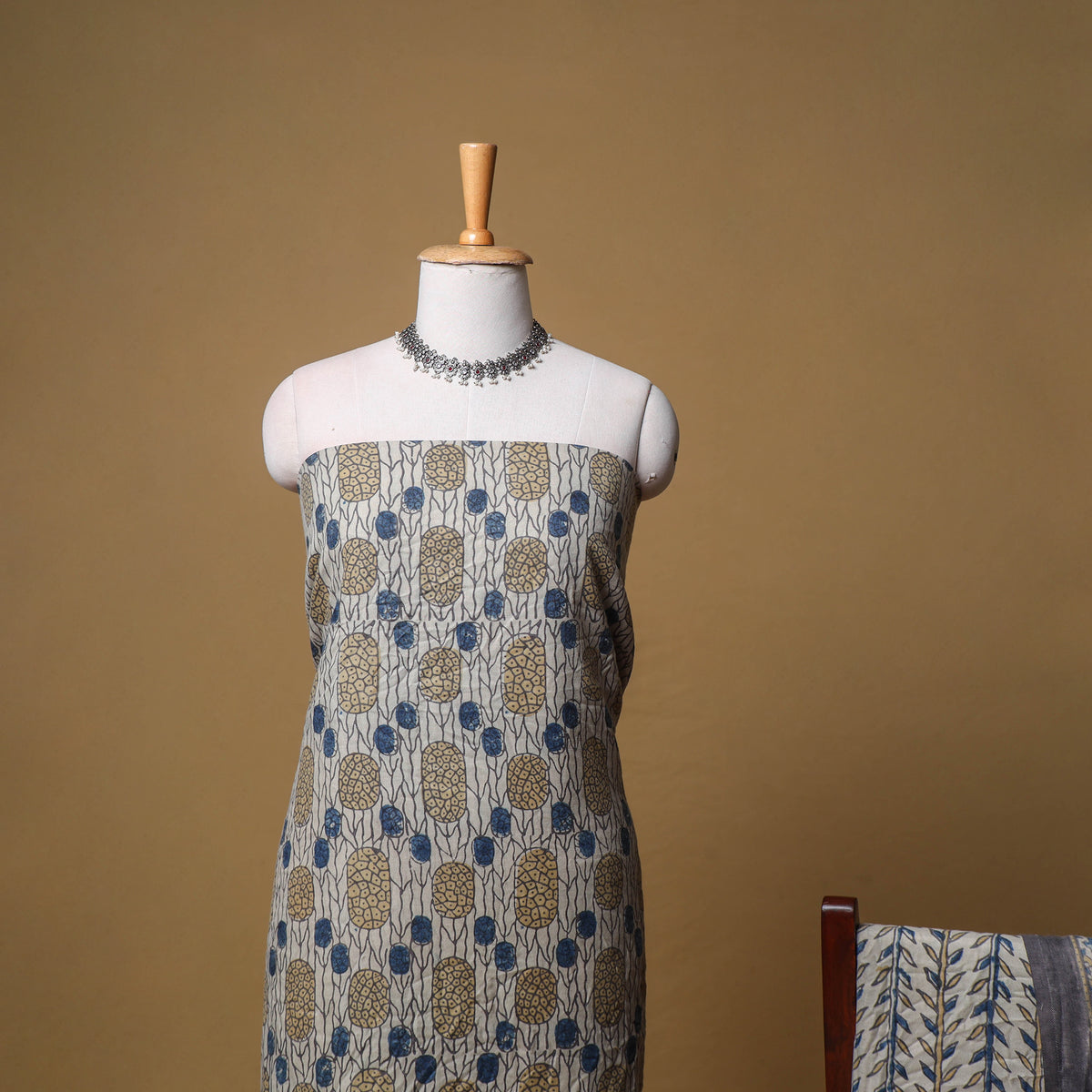 Beige - Woolen Ajrakh Hand Block Print Unstitched Dress Material: Kurta, Bottom with Dupatta 19