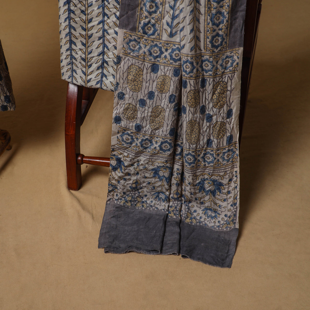 Beige - Woolen Ajrakh Hand Block Print Unstitched Dress Material: Kurta, Bottom with Dupatta 19