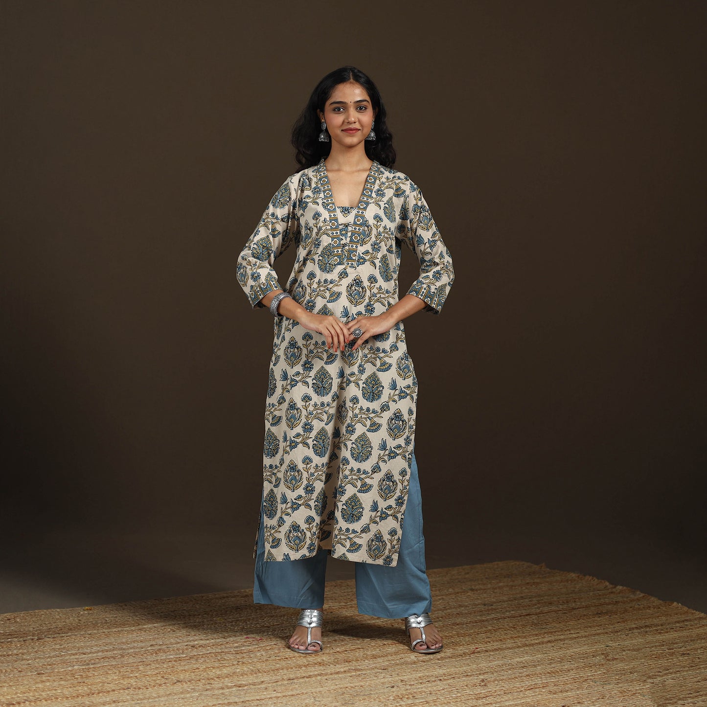 Ajrakh Hand Block Print Natural Dyed Cotton Straight Long Kurta for women 05