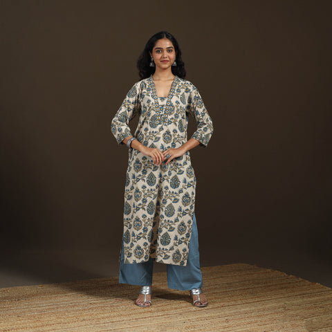 Beige - Ajrakh Hand Block Print Natural Dyed Cotton Straight Long Kurta for women 05
