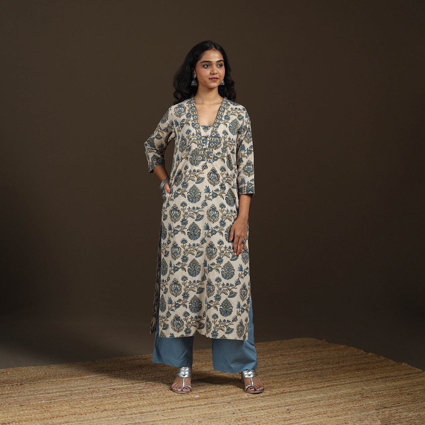 Ajrakh Hand Block Print Natural Dyed Cotton Straight Long Kurta for women 05